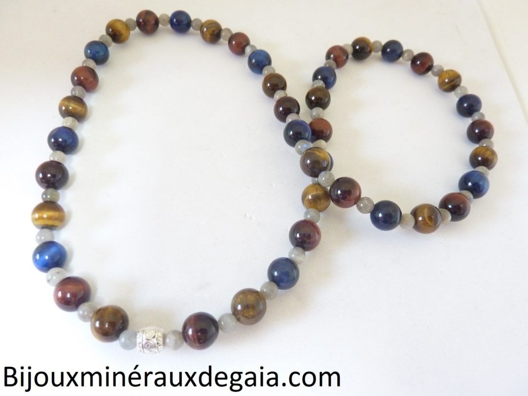 COLLIER OEIL DE TIGRE-FAUCON-TAUREAU-LABRADORITE