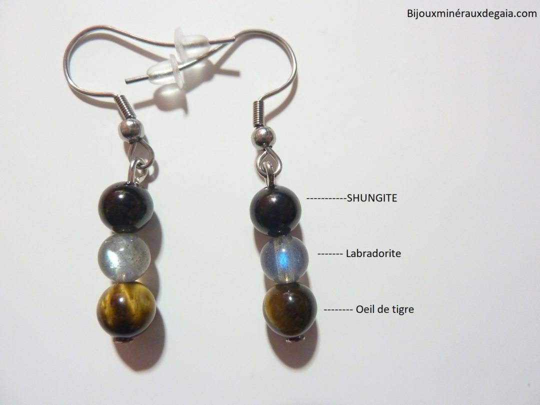 Boucles d'oreilles oeil de tigre-Shungite-Labradorite : Perles rondes 6 mm