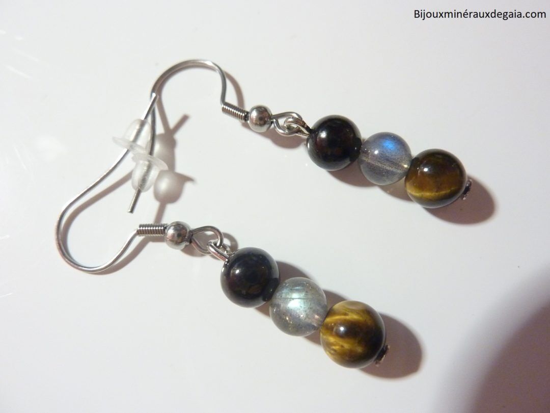 Boucles d'oreilles oeil de tigre-Shungite-Labradorite : Perles rondes 6 mm