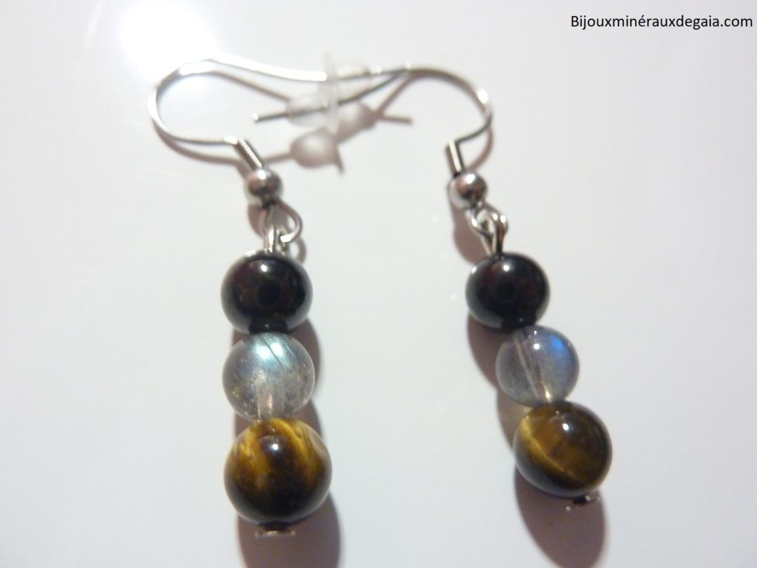 Boucles d'oreilles oeil de tigre-Shungite-Labradorite : Perles rondes 6 mm