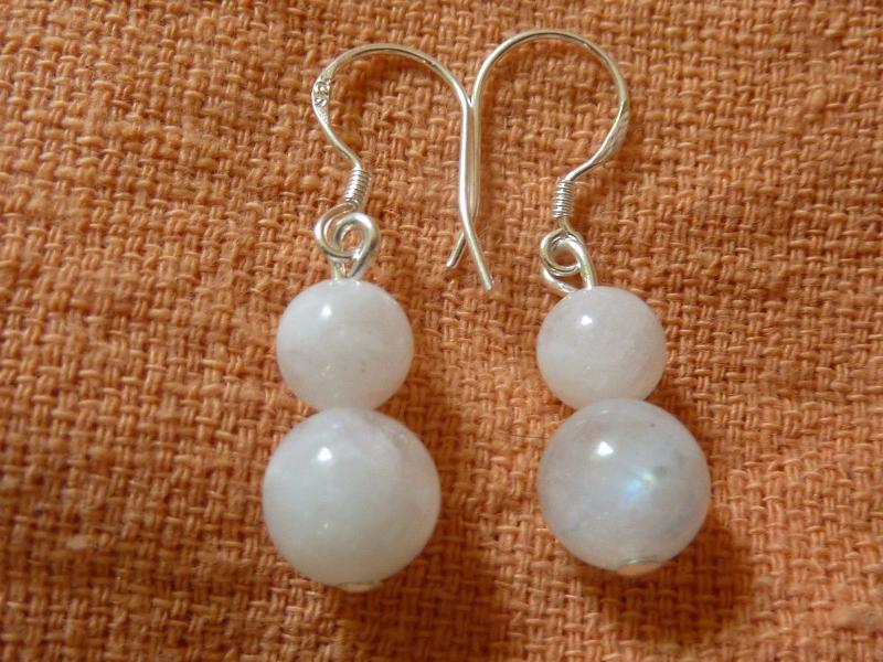 Boucles d'oreilles pierre de lune perles rondes 8-6mm argent 925