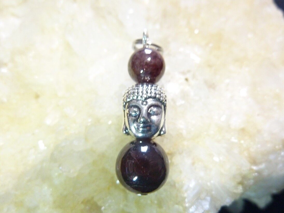 PENDENTIF BOUDDHA GRENAT ALMANDIN PERLE RONDE 10-8 MM