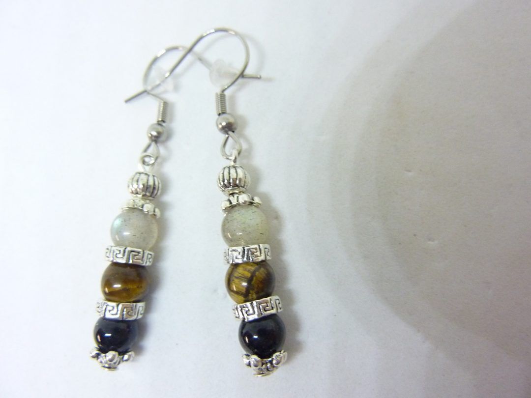 BOUCLES D'OREILLES OEIL DE TIGRE-LABRADORITE-TOURMALINE NOIRE