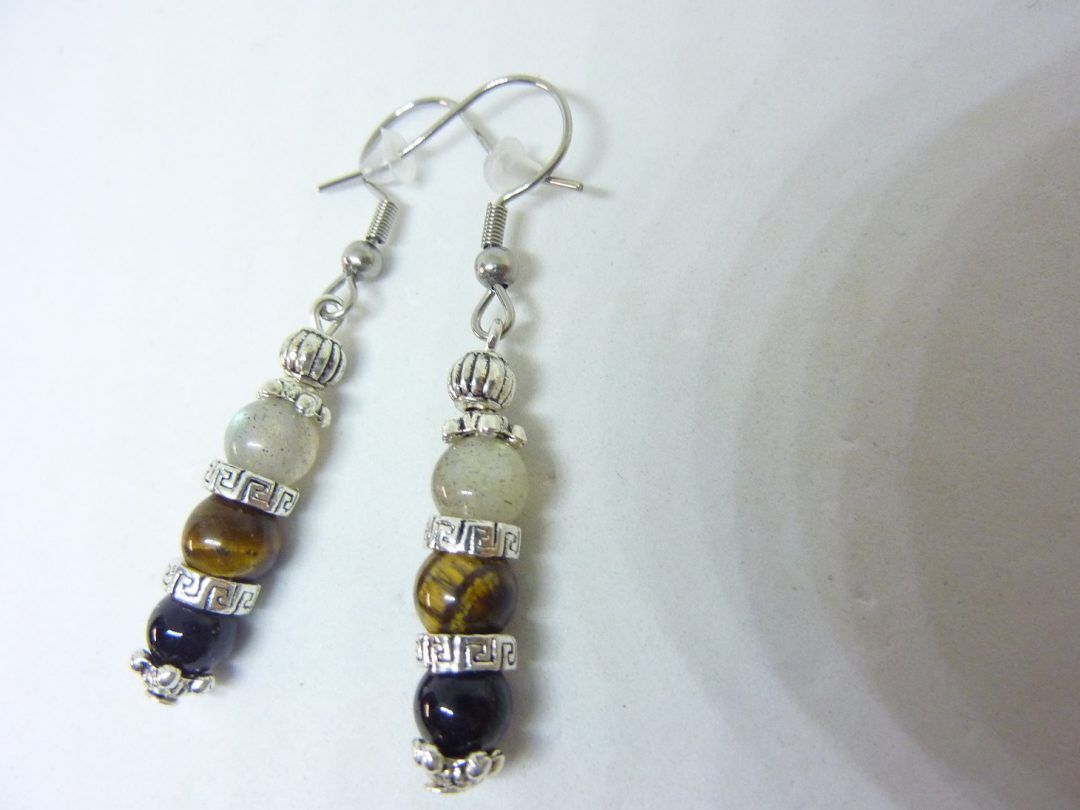 BOUCLES D'OREILLES OEIL DE TIGRE-LABRADORITE-TOURMALINE NOIRE