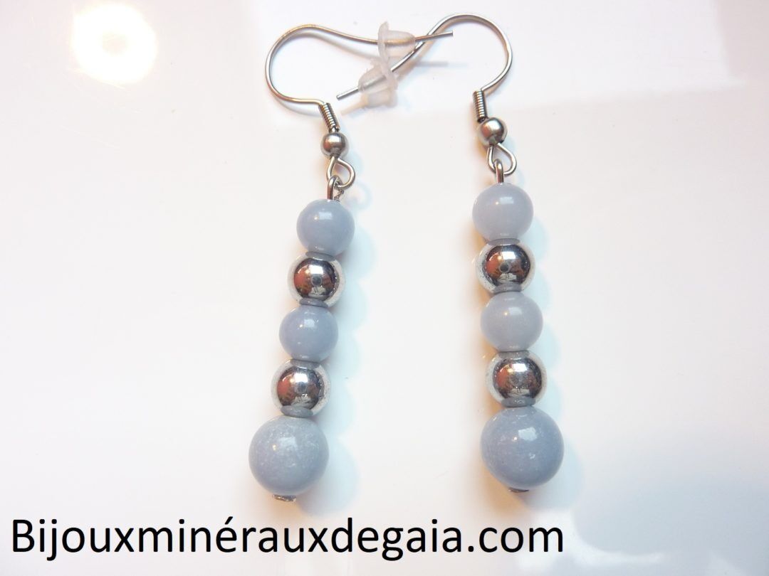 BOUCLES D'OREILLES ANGELITE,HEMATITE PERLES RONDES 8-6 MM