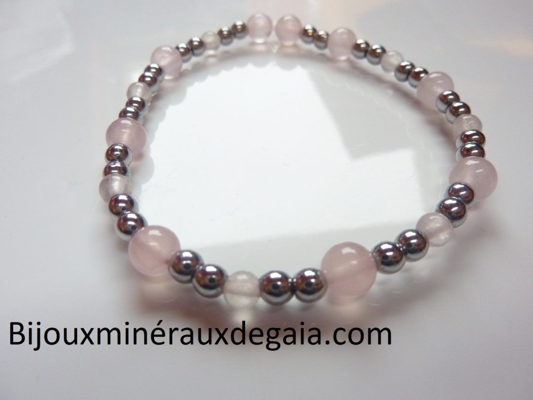 Bracelet Quartz rose-Hématite perles rondes 6-4 mm