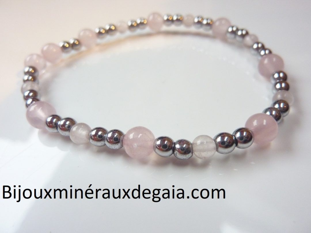 Bracelet Quartz rose-Hématite perles rondes 6-4 mm