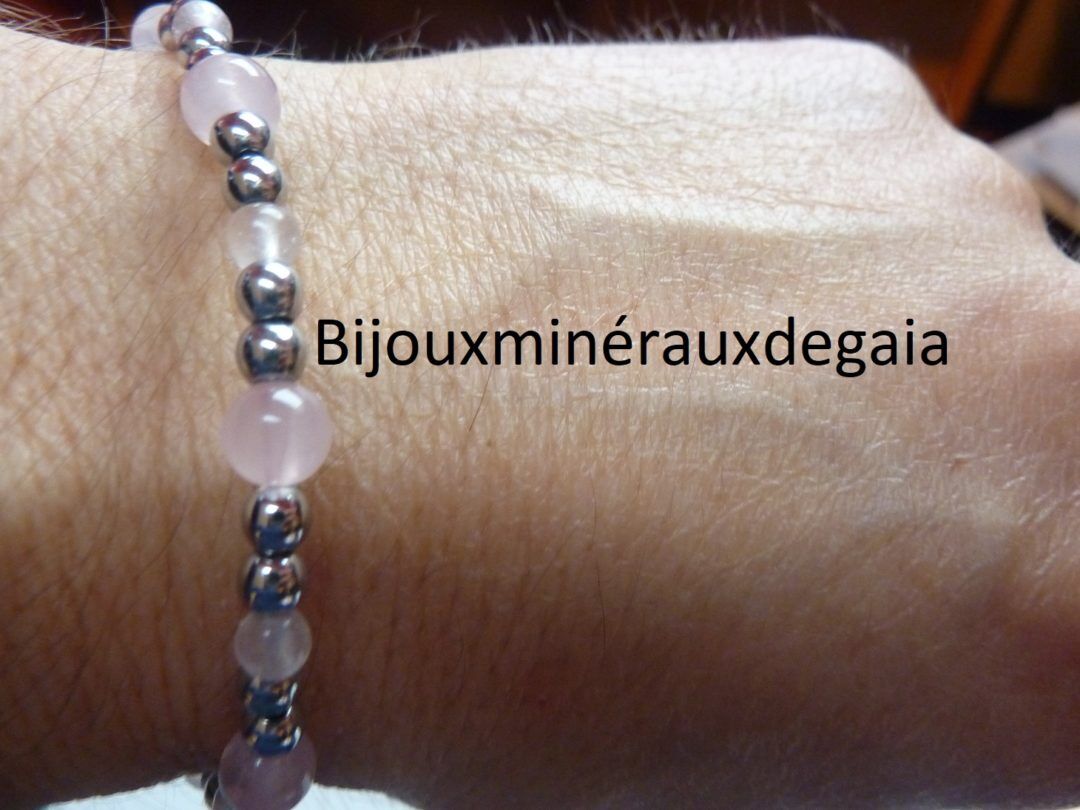 Bracelet Quartz rose-Hématite perles rondes 6-4 mm