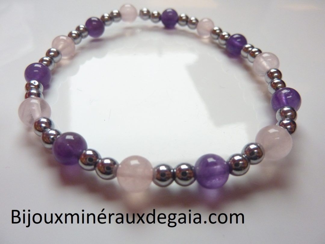 Bracelet Quartz rose-Améthyste-Hématite perles rondes 6-4 mm