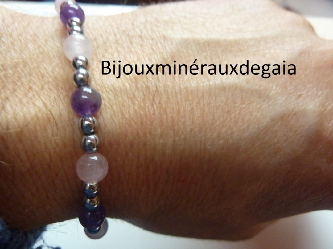 Bracelet Quartz rose-Améthyste-Hématite perles rondes 6-4 mm
