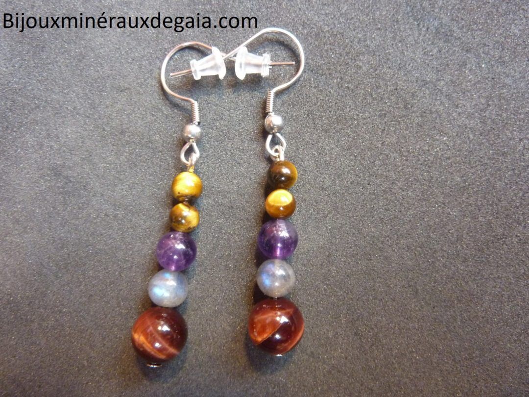 Boucles d'oreilles Oeil de tigre-Labradorite-Oeil de taureau-Améthyste