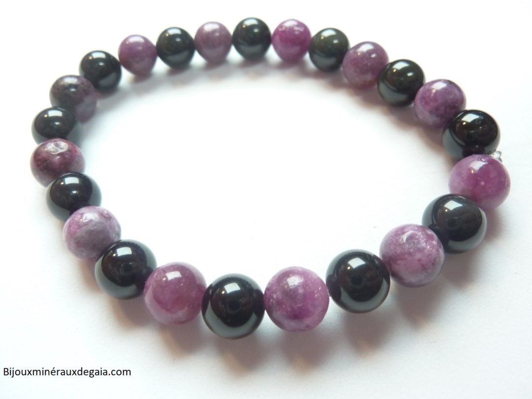 Bracelet Lépidolite-Obsidienne Oeil céleste perles rondes 8 mm Confiance en soi