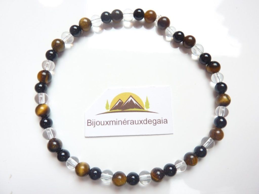 Bracelet quartz cristal de roche-Oeil de tigre-Tourmaline noire - 4 mm