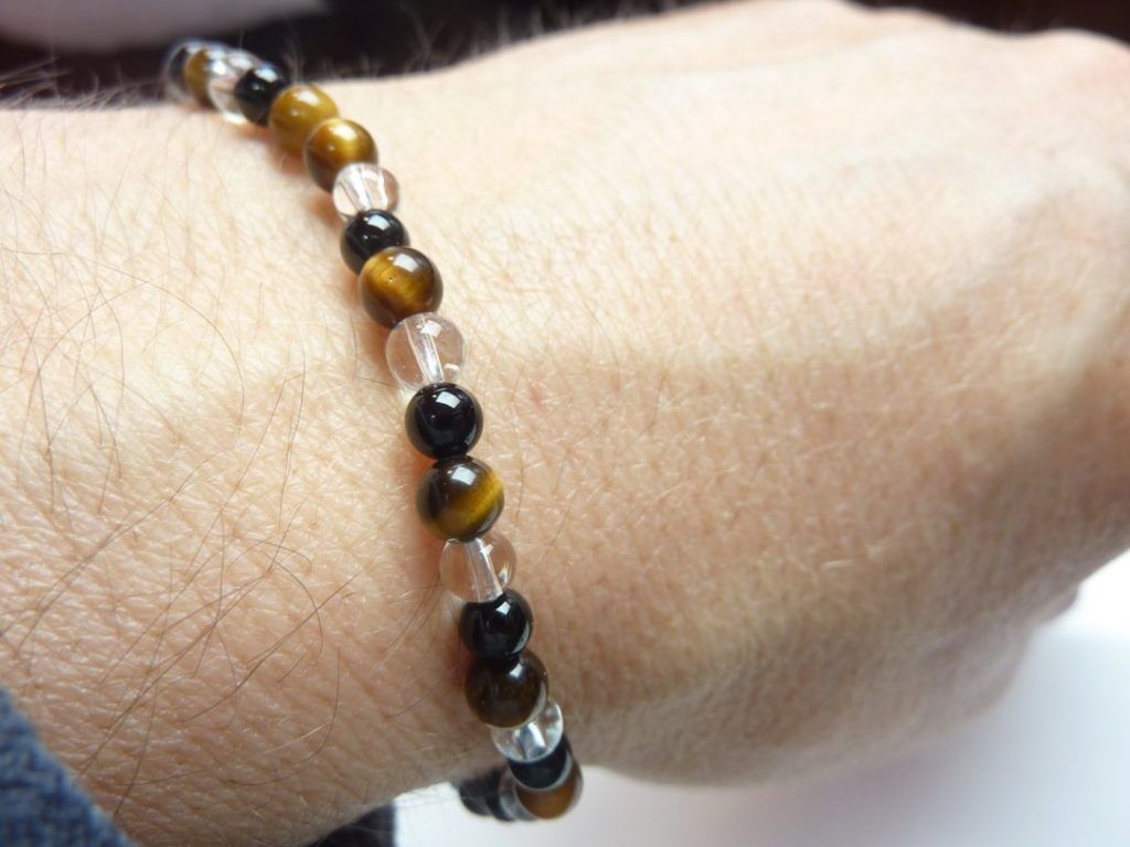 Bracelet quartz cristal de roche-Oeil de tigre-Tourmaline noire - 4 mm