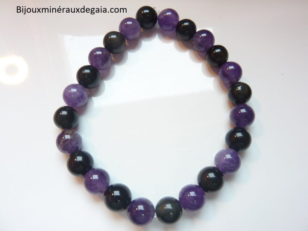 Bracelet Améthyste-Obsidienne oeil céleste perles 8 mm