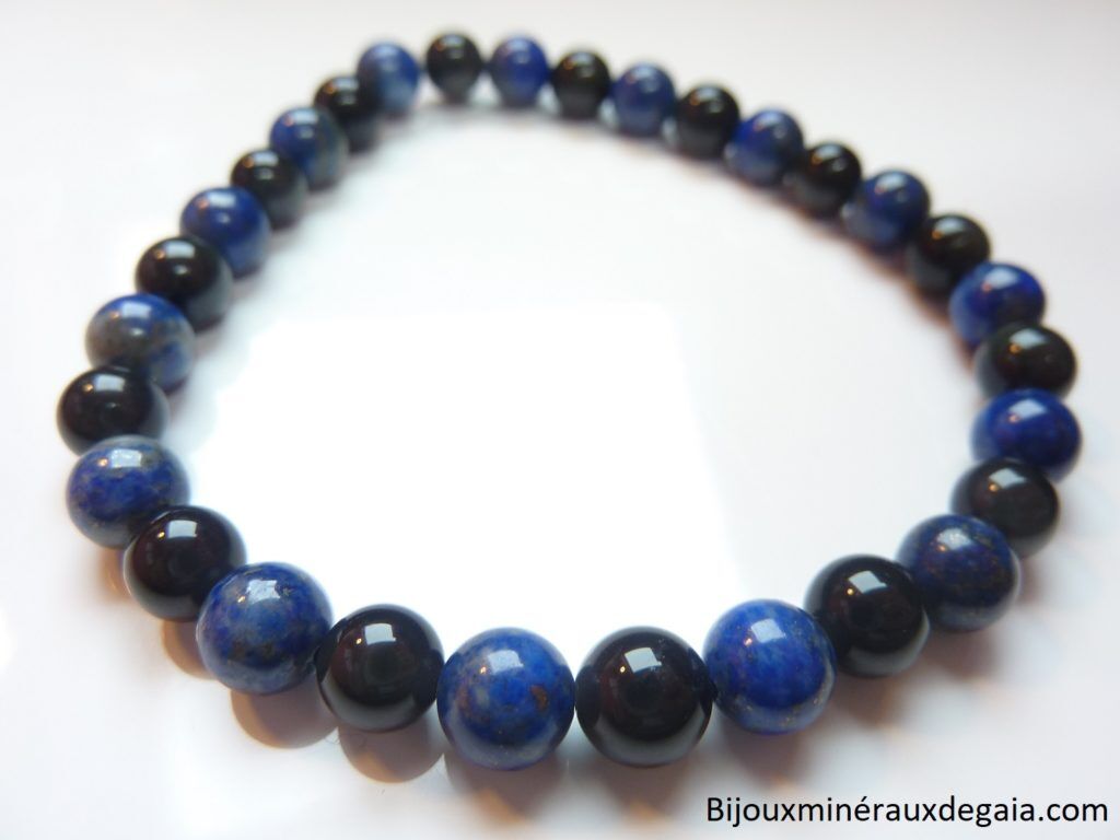 Bracelet Lapis lazuli-Obsidienne oeil céleste perles rondes 6 mm