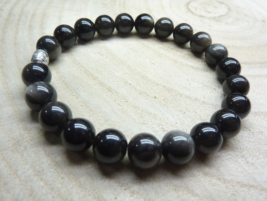 Bracelet Obsidienne argentée perles rondes 8 mm