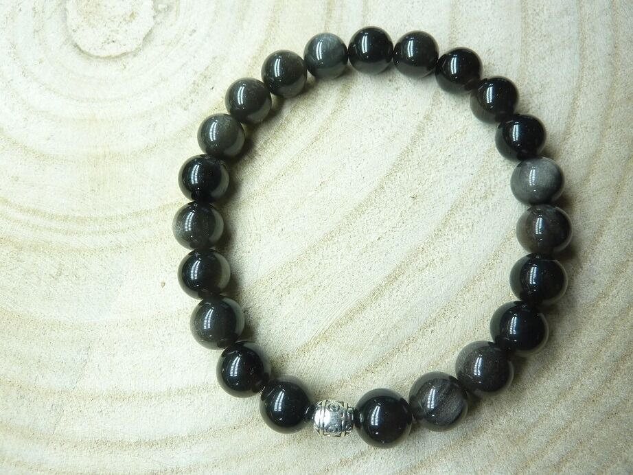 Bracelet Obsidienne argentée perles rondes 8 mm