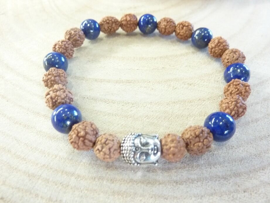 Bracelet Rudraksha-Lapis lazuli-Perles 8 mm