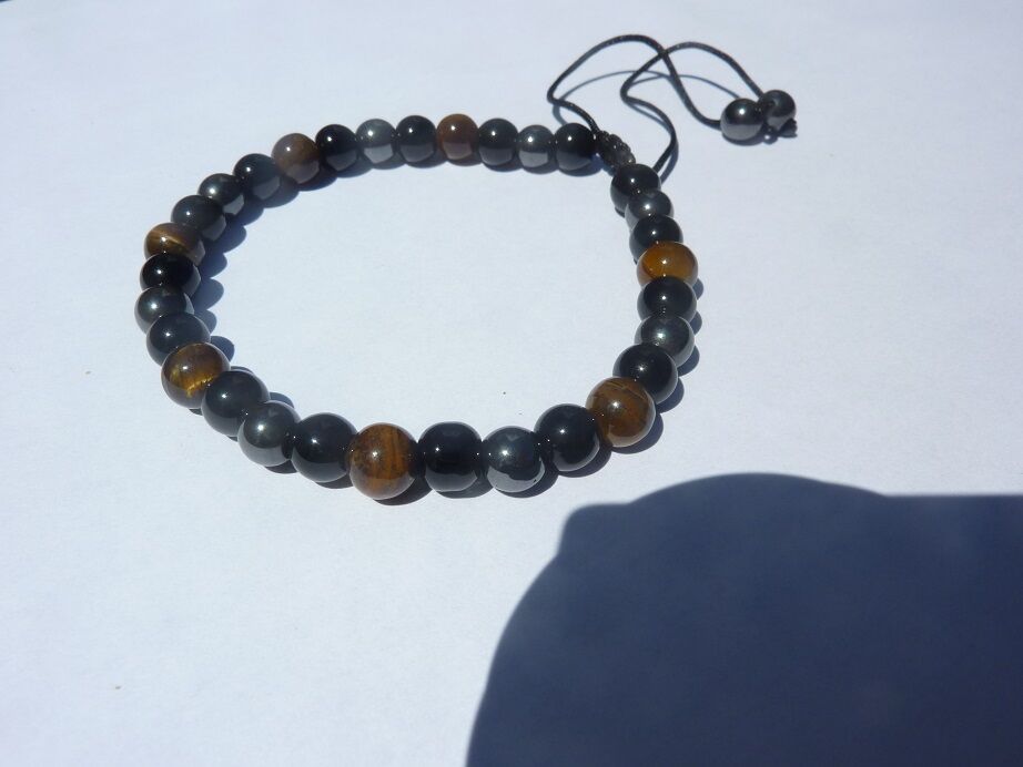Bracelet réglable Oeil de tigre-obsidienne-hématite-perles 6mm
