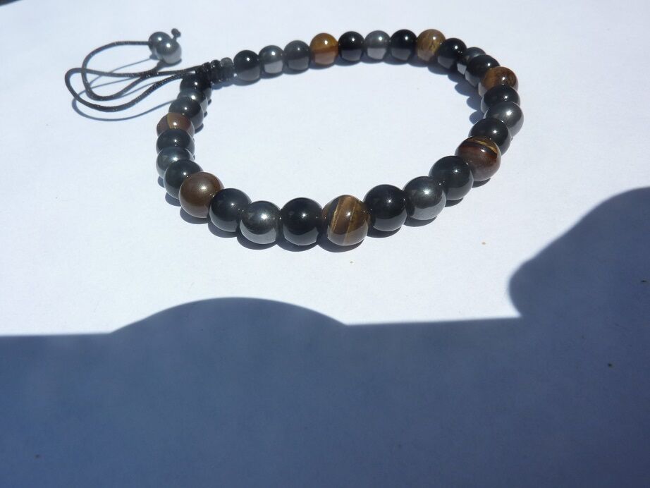 Bracelet réglable Oeil de tigre-obsidienne-hématite-perles 6mm