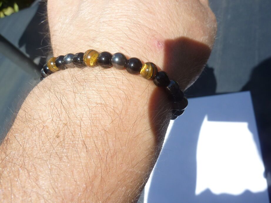 Bracelet réglable Oeil de tigre-obsidienne-hématite-perles 6mm