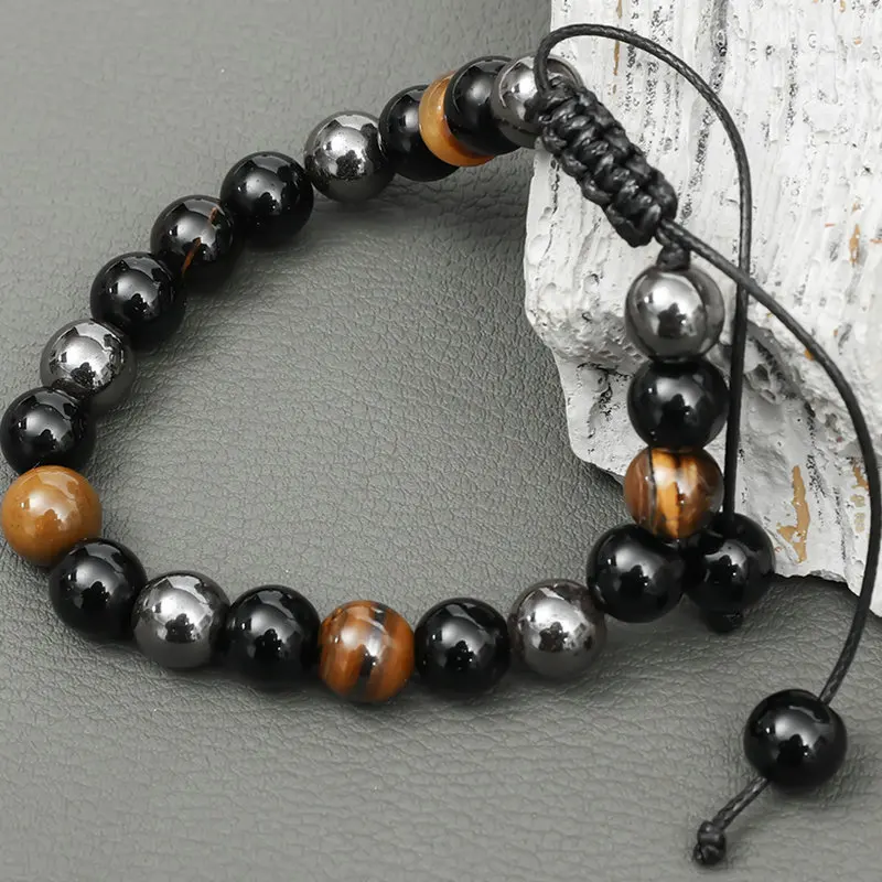 Bracelet réglable Oeil de tigre-obsidienne-hématite-perles 8 mm