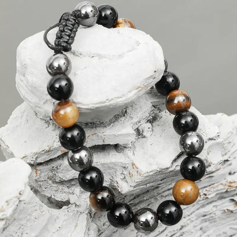 Bracelet réglable Oeil de tigre-obsidienne-hématite-perles 6mm