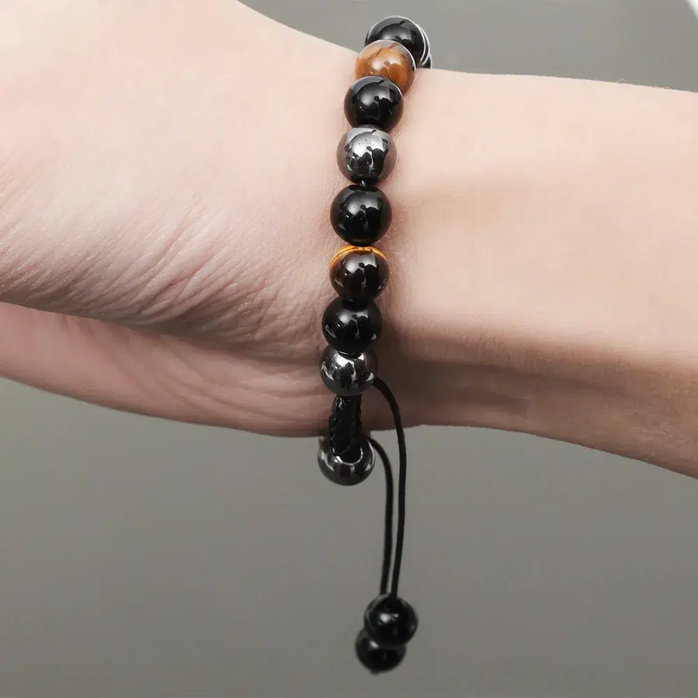 Bracelet réglable Oeil de tigre-obsidienne-hématite-perles 8 mm