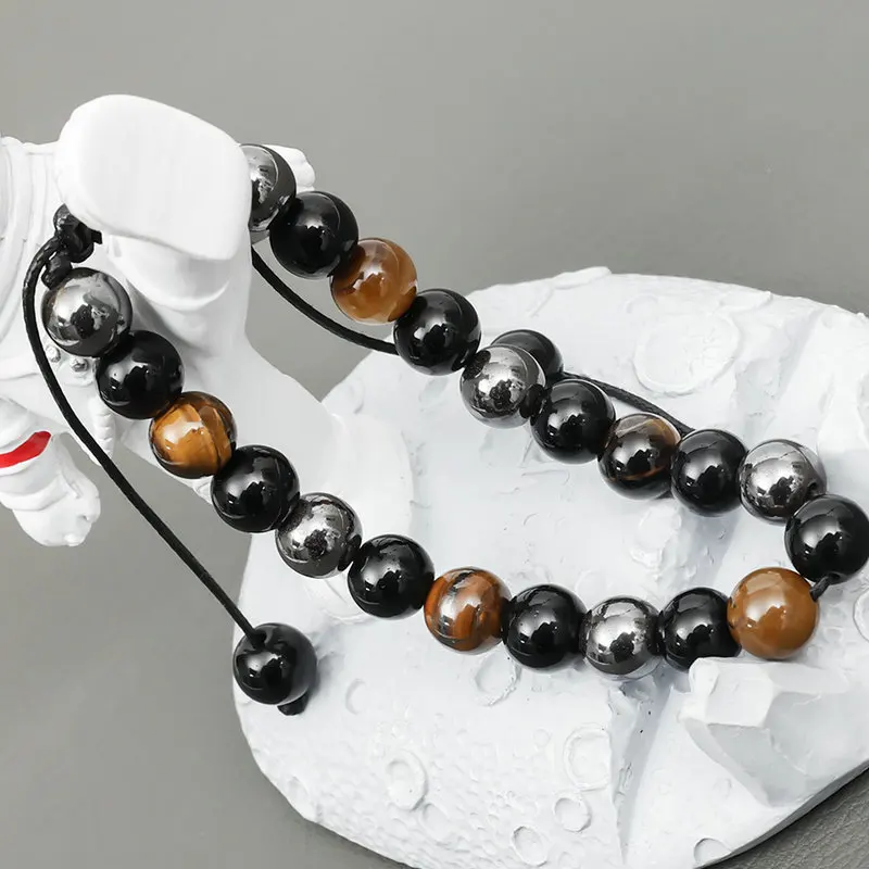 Bracelet réglable Oeil de tigre-obsidienne-hématite-perles 6mm