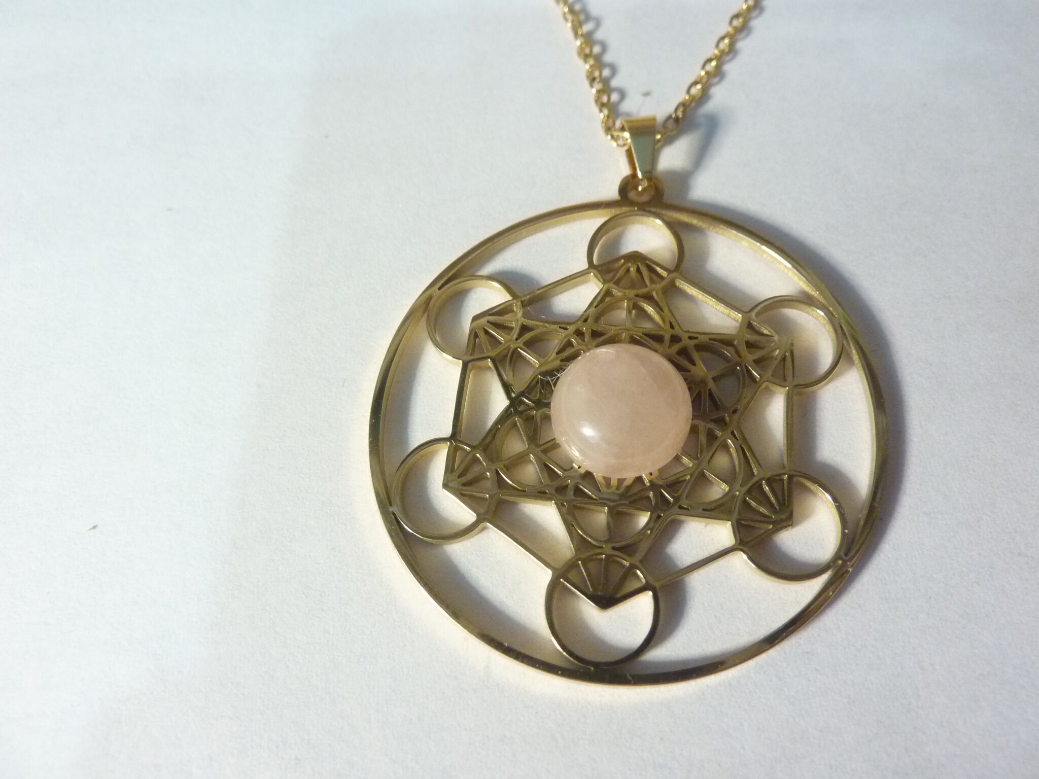 Pendentif cube de Métatron-Quartz rose ref Or