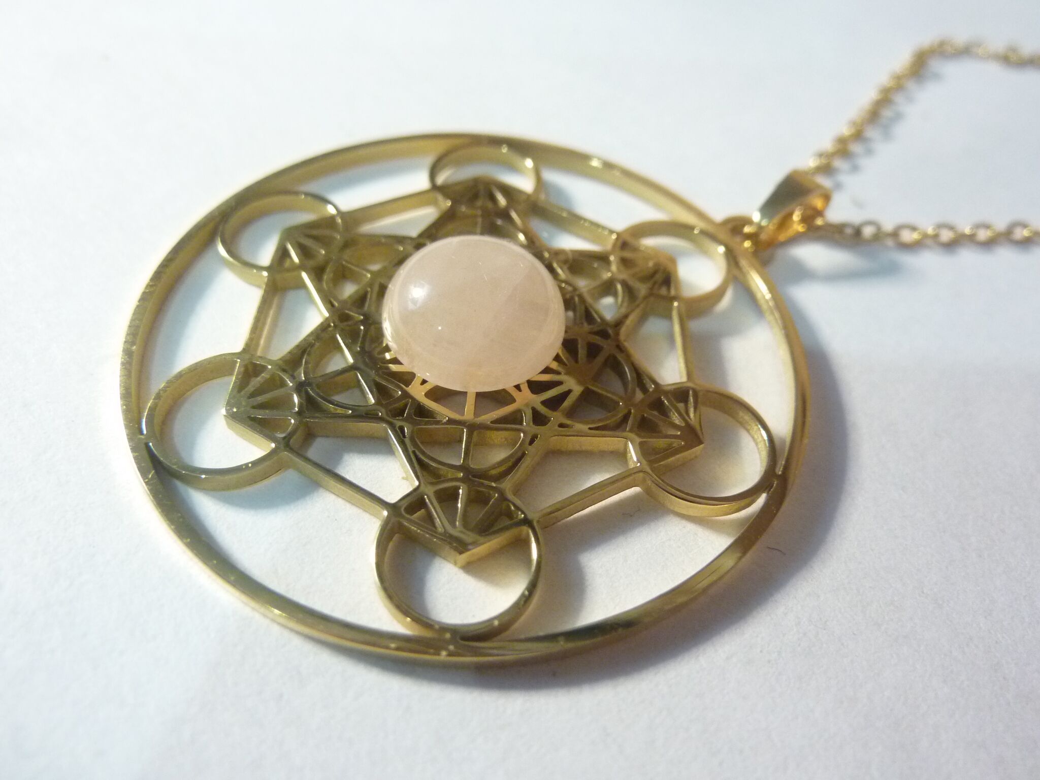 Pendentif cube de Métatron-Quartz rose ref Or