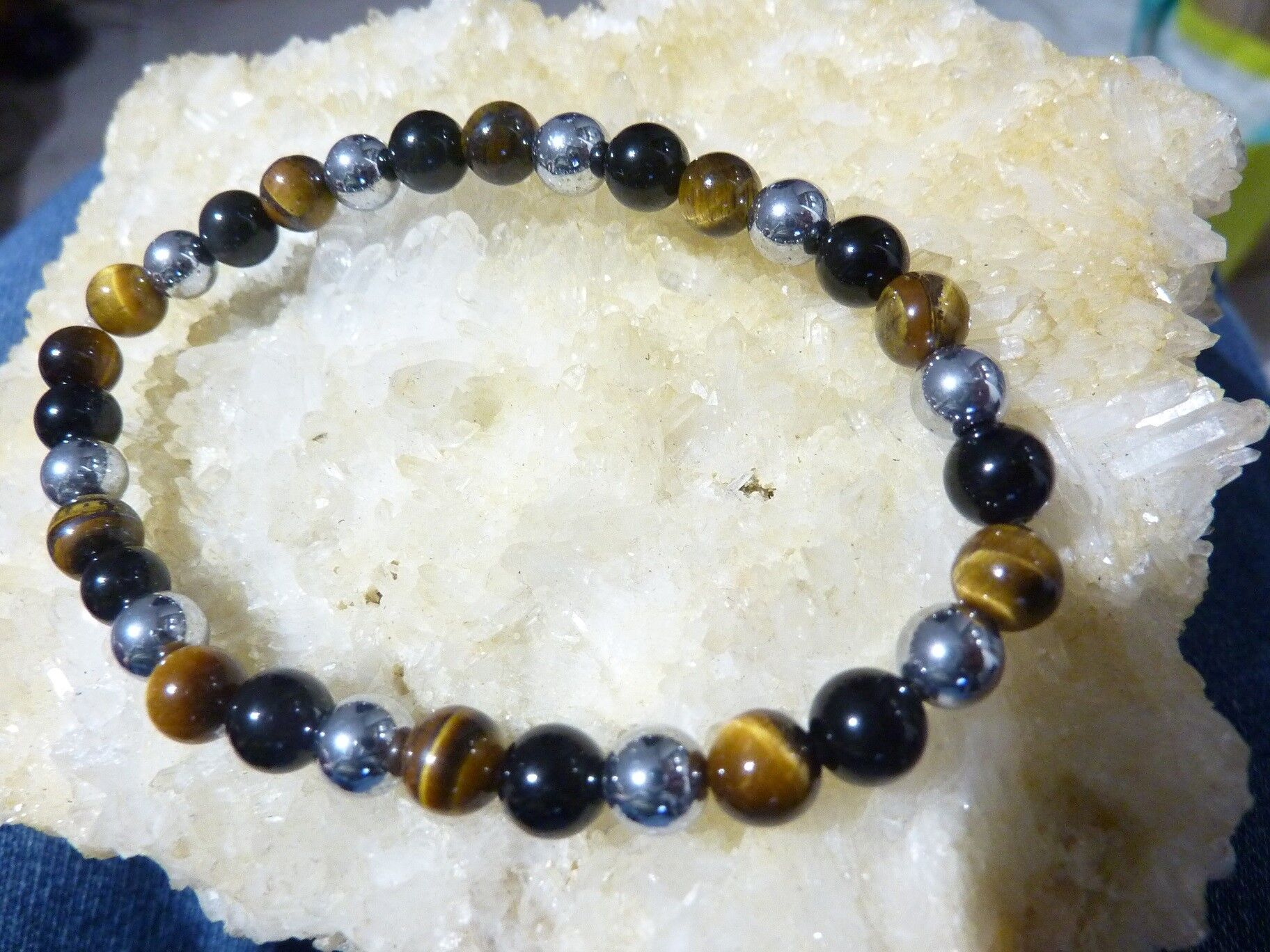 Bracelet Oeil de tigre-obsidienne oeil céleste-hématite-perles rondes 6mm – Image 2
