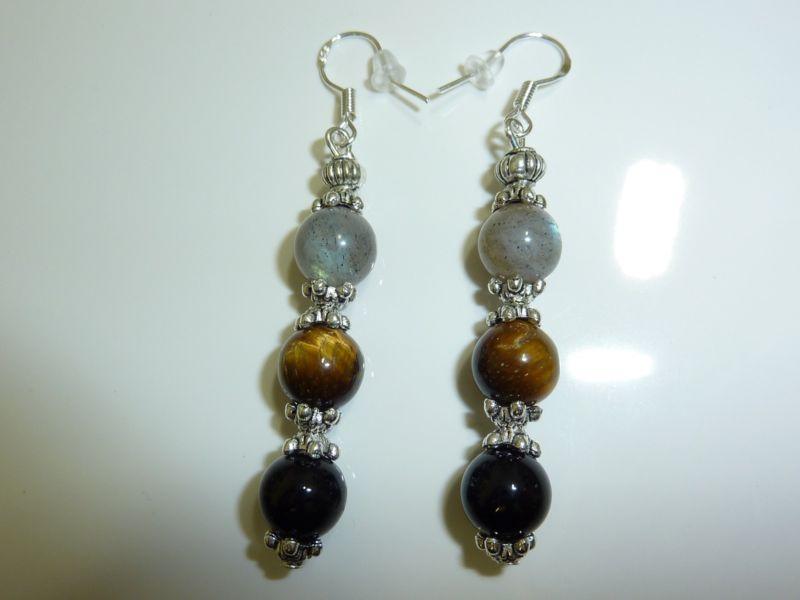 Boucles d'oreilles protection Oeil de tigre Labradorite Tourmaline noire