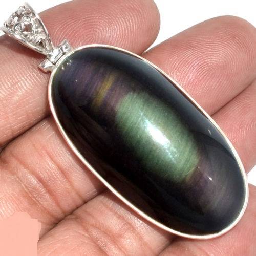 Pendentif protection obsidienne oeil celeste monture argent 925 ref 6080