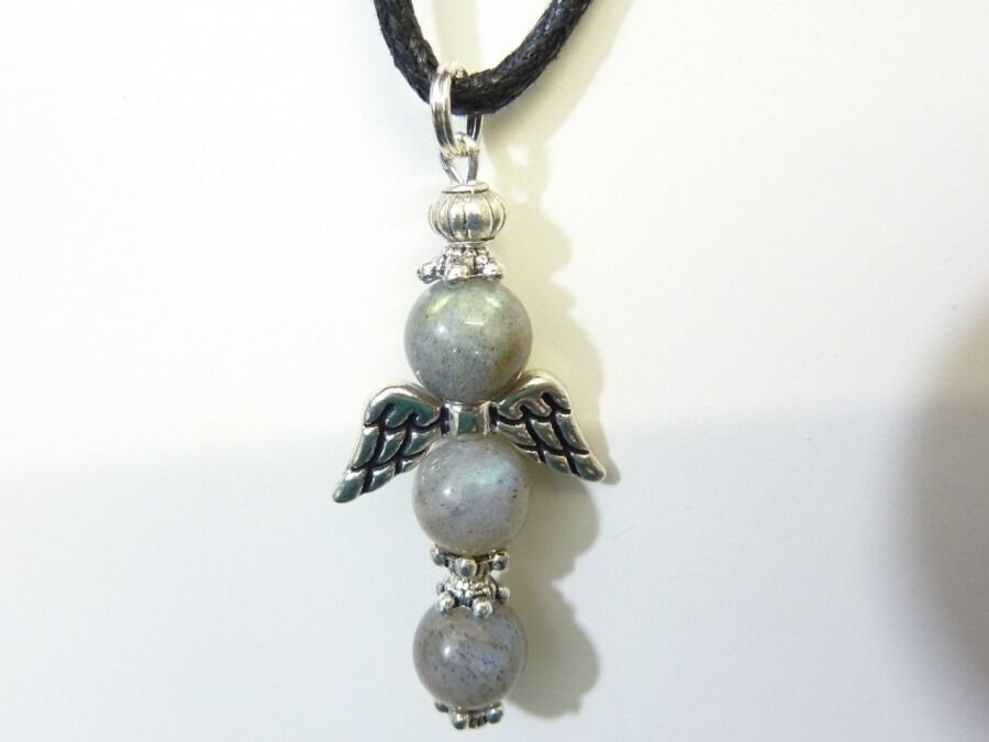 PENDENTIF ANGE CROIX LABRADORITE 8 MM & ARGENT DU TIBET
