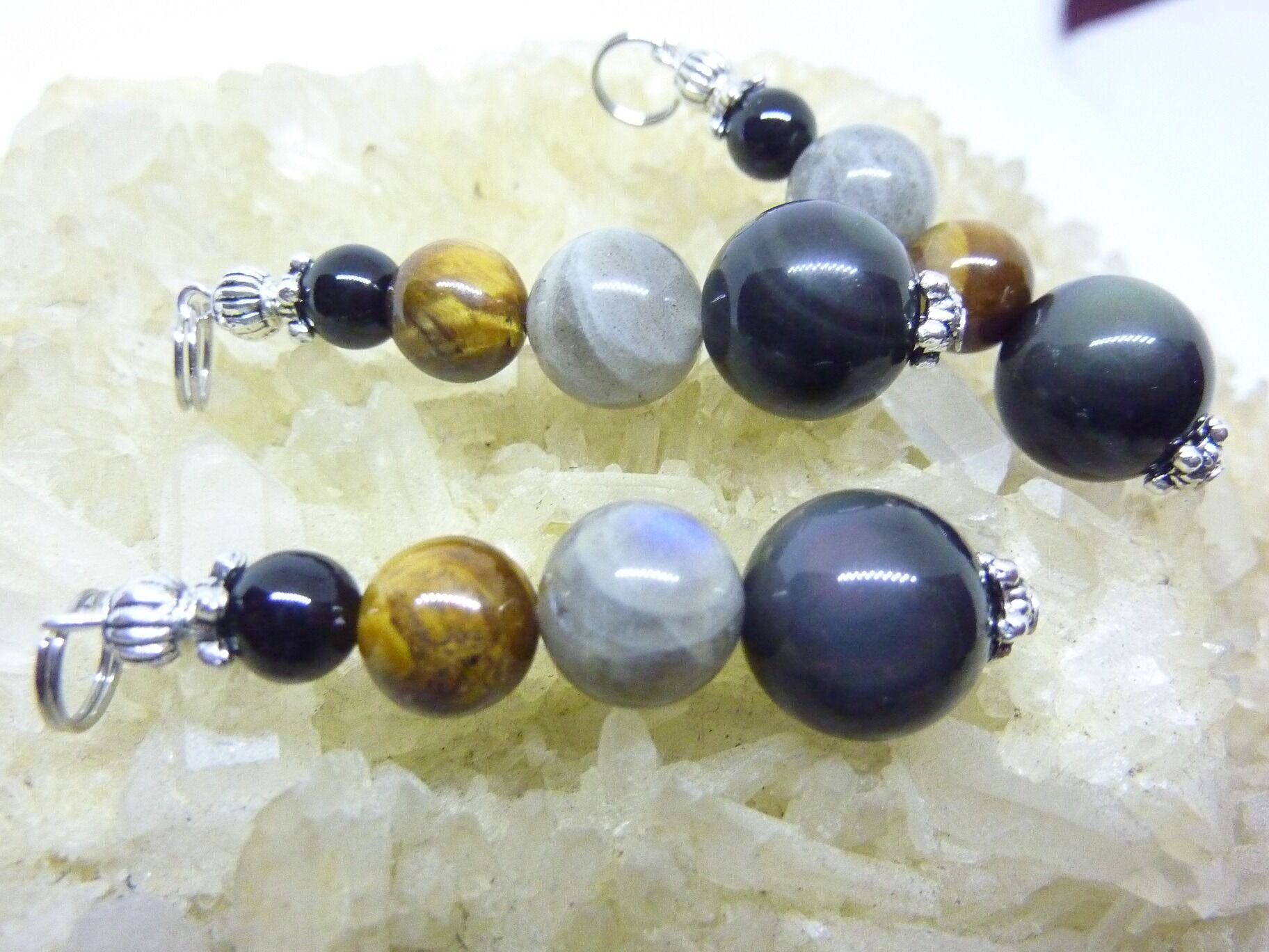 PENDENTIF PROTECTION OEIL DE TIGRE-LABRADORITE-OBSIDIENNE CELESTE-SPINELLE NOIRE – Image 4
