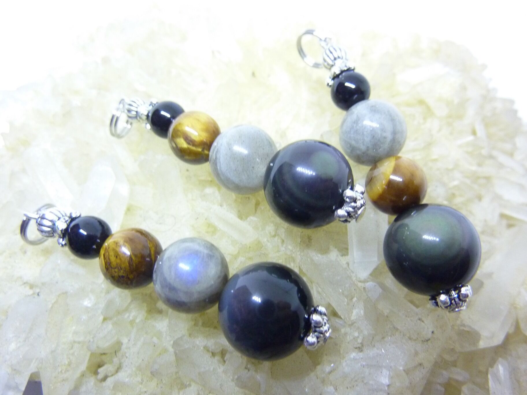 PENDENTIF PROTECTION OEIL DE TIGRE-LABRADORITE-OBSIDIENNE CELESTE-SPINELLE NOIRE – Image 3