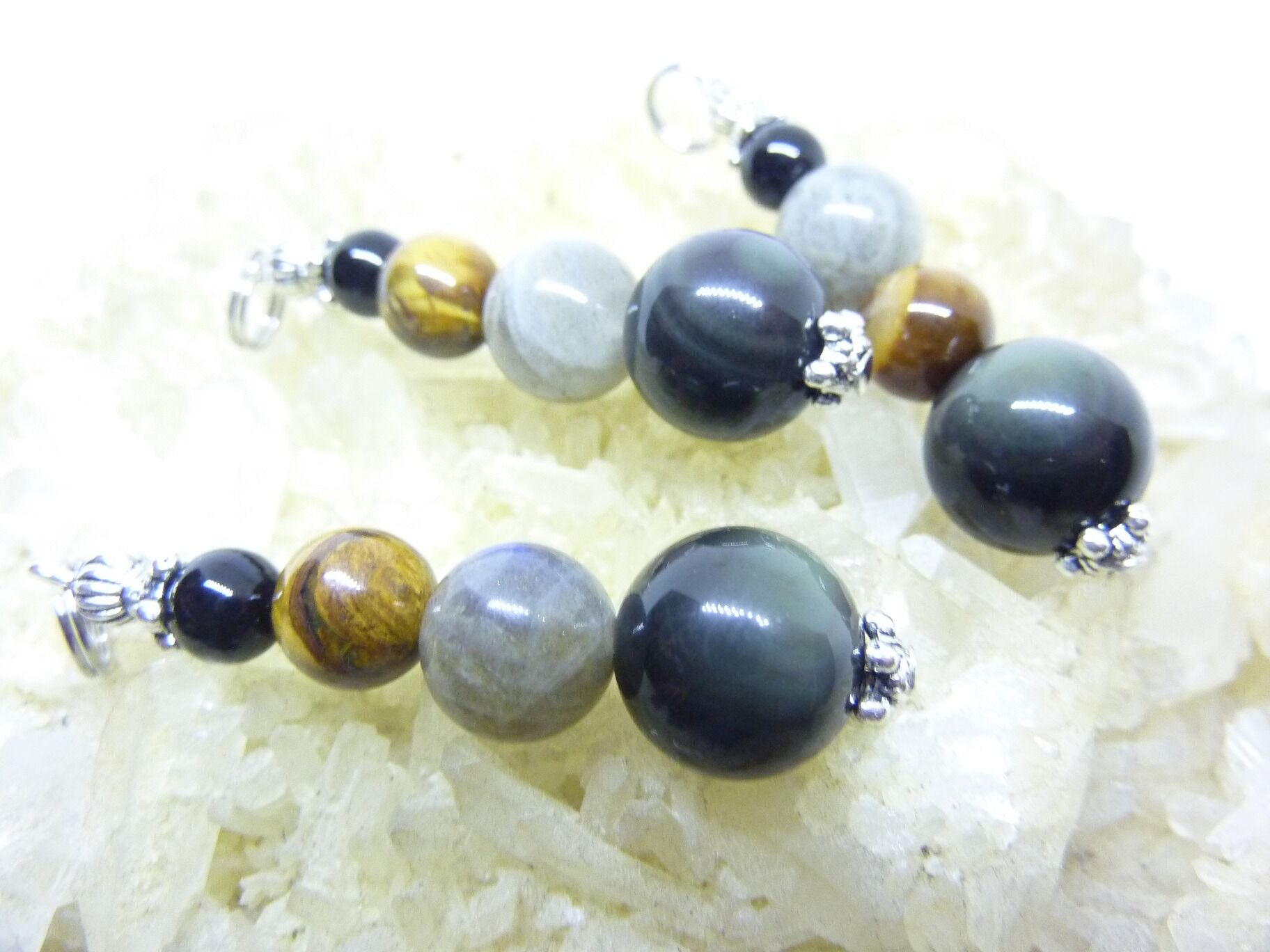 PENDENTIF PROTECTION OEIL DE TIGRE-LABRADORITE-OBSIDIENNE CELESTE-SPINELLE NOIRE – Image 2