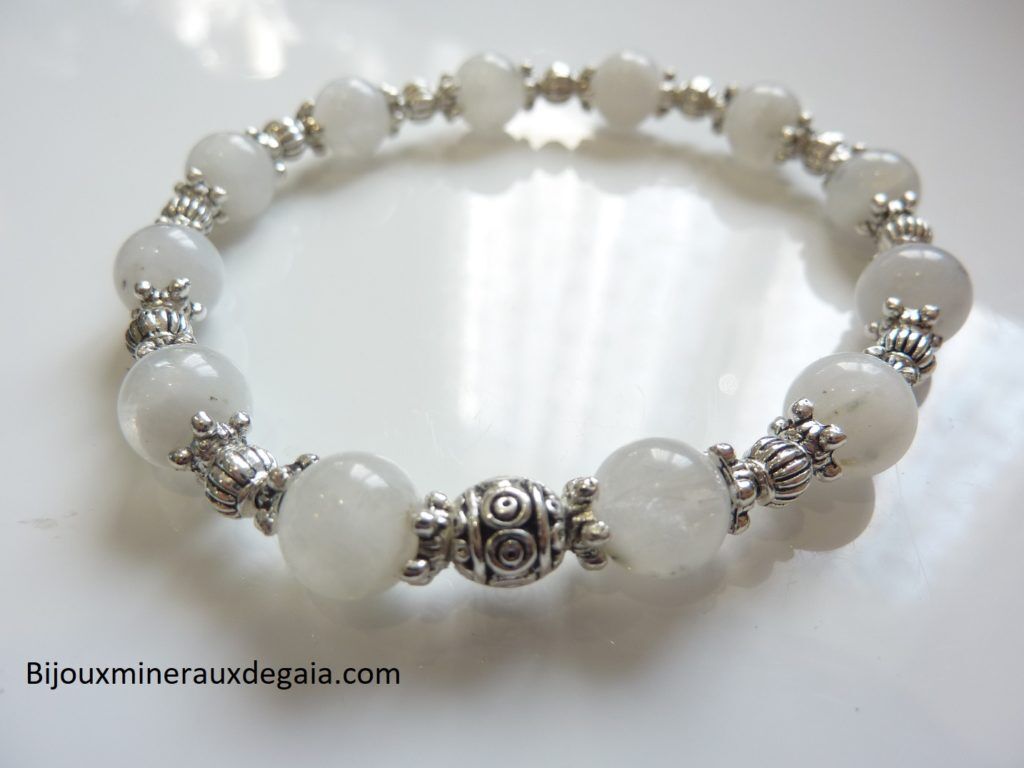 Bracelet pierre de lune perles rondes 8mm et argent plaqué