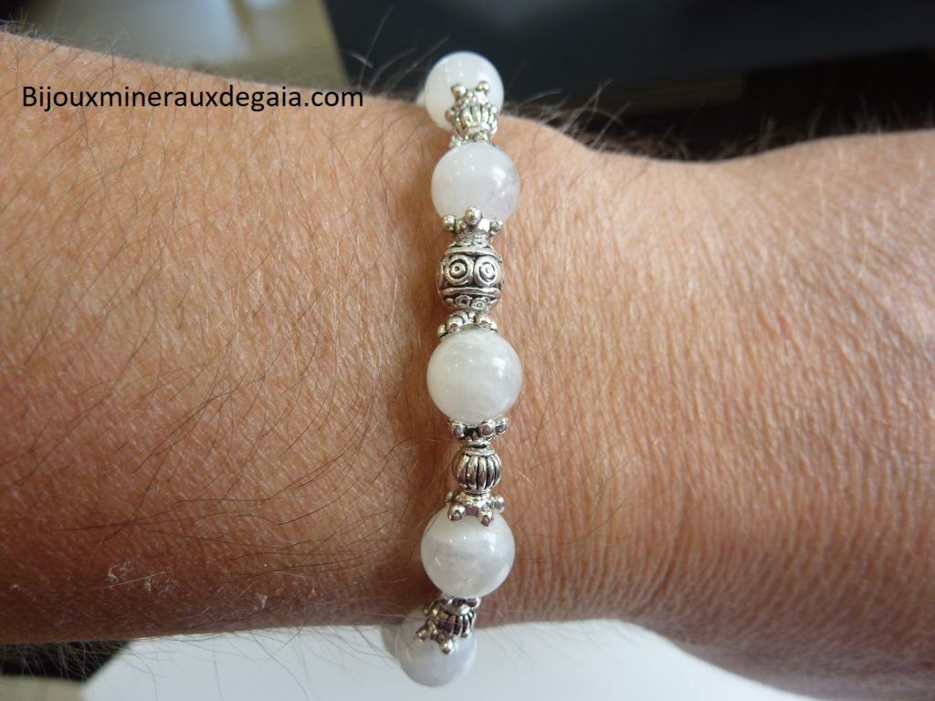 Bracelet pierre de lune perles rondes 8mm et argent plaqué