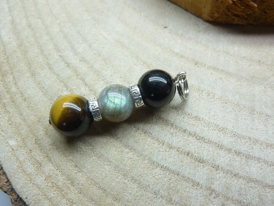 Pendentif protection oeil de tigre labradorite tourmaline noire