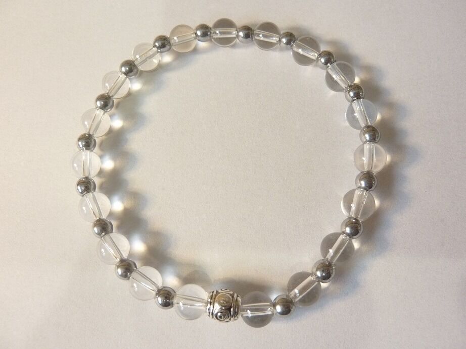 Bracelet quartz cristal de roche-Hématite perles rondes 6mm