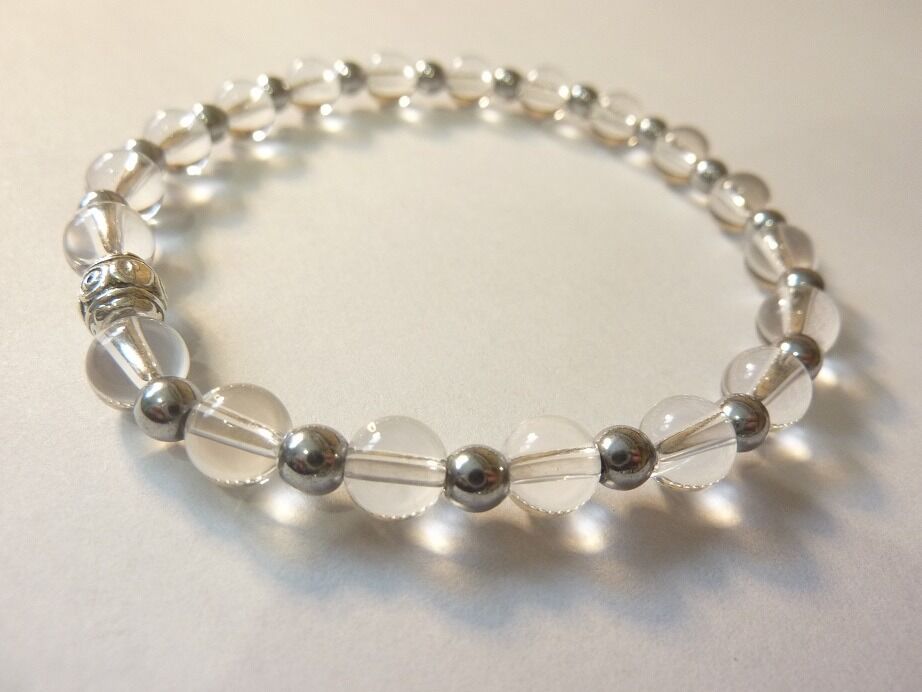 Bracelet quartz cristal de roche-Hématite perles rondes 6mm – Image 3