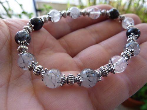 Bracelet quartz tourmaliné noire perles rondes 6mm et plaqué argent