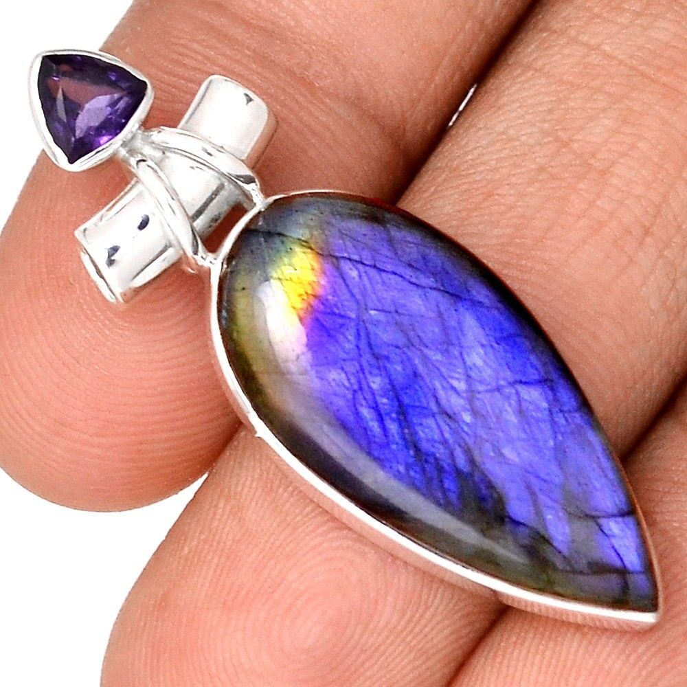 Pendentif protection labradorite violet et améthyste monture argent 925 ref 1959