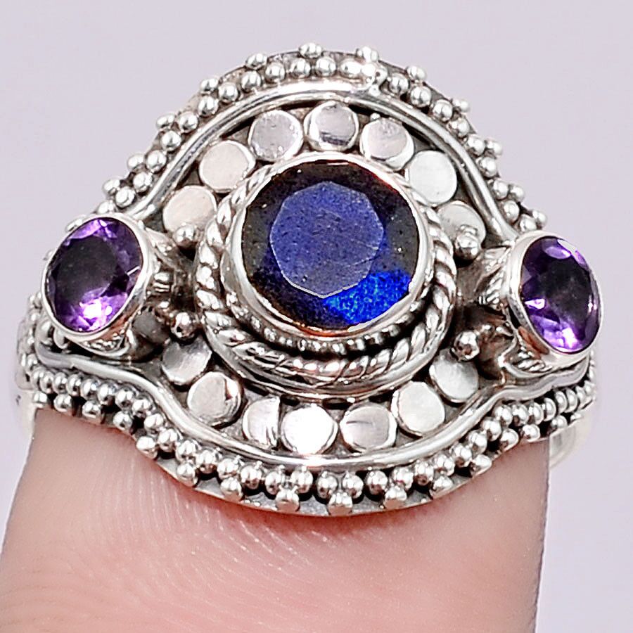 BAGUE LABRADORITE-AMETHYSTE ARGENT 925 TAILLE 58 3/4 ref 8002