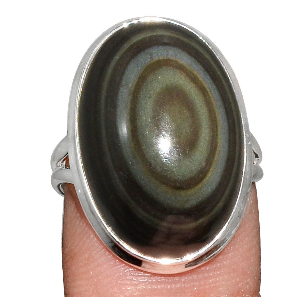 Bague protection obsidienne oeil celeste argent 925 taille 57 3/4 ref 3699