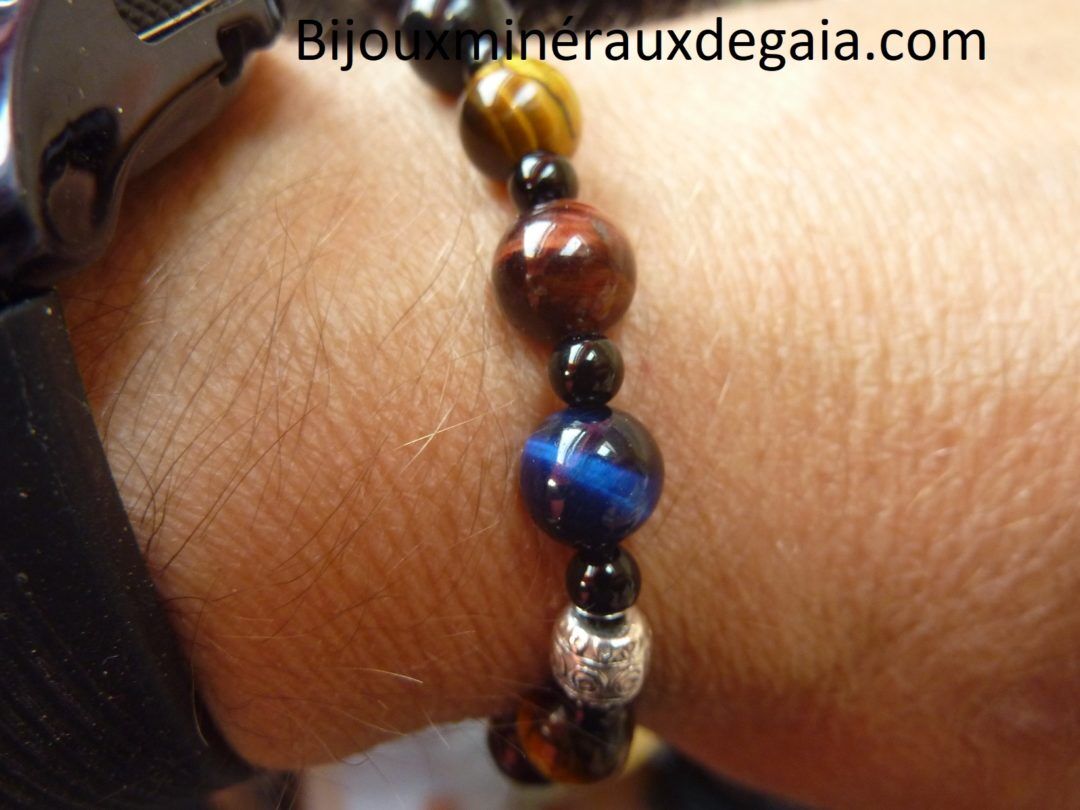 BRACELET OEIL DE TIGRE-FAUCON-TAUREAU-TOURMALINE NOIRE
