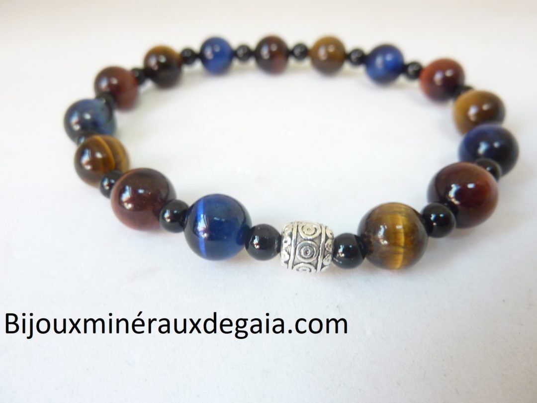 BRACELET OEIL DE TIGRE-FAUCON-TAUREAU-TOURMALINE NOIRE